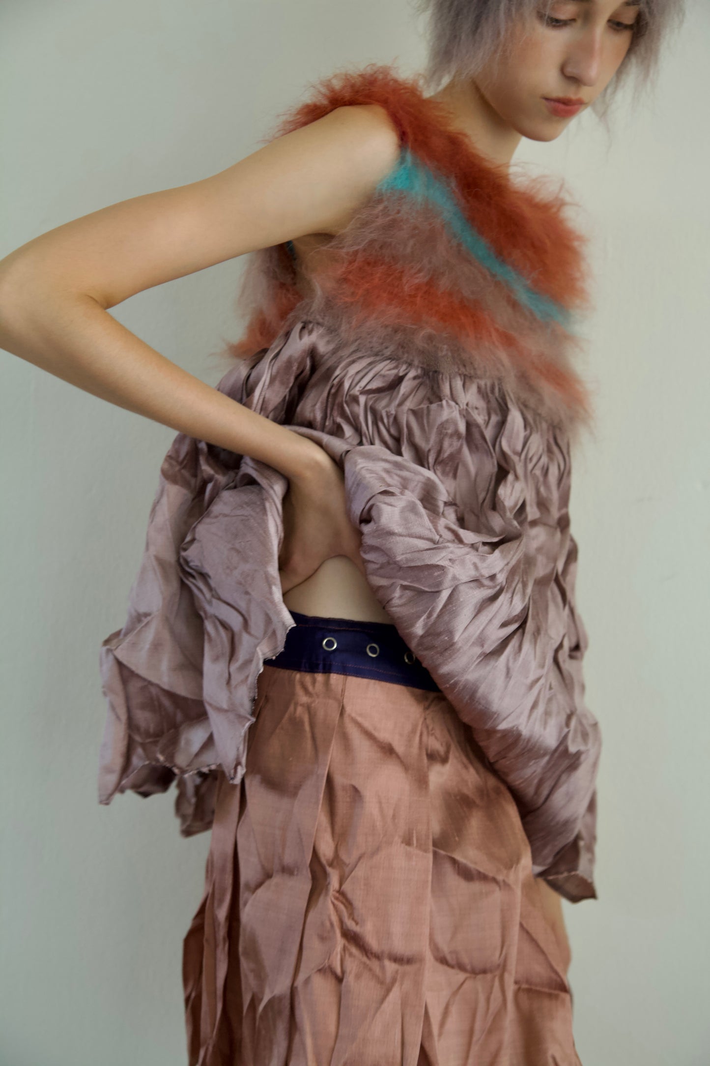 Blur Brushed Mohair Pinafore Raw Thai Silk Babydoll Top (metallic mauve)
