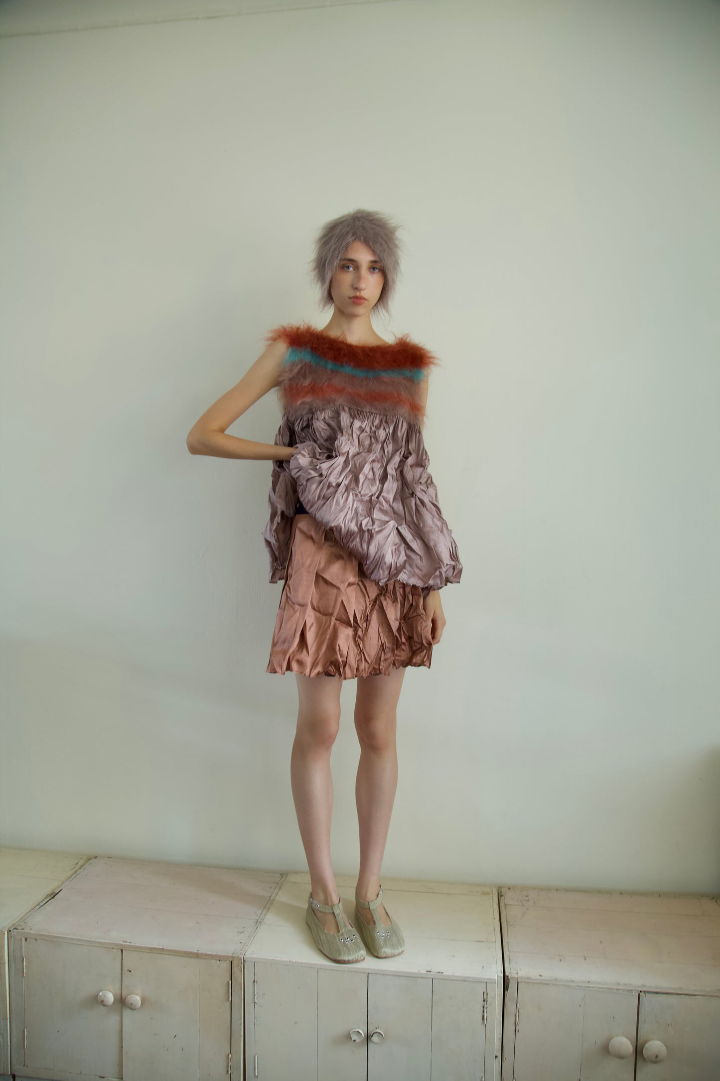 Blur Brushed Mohair Pinafore Raw Thai Silk Babydoll Top (metallic mauve)