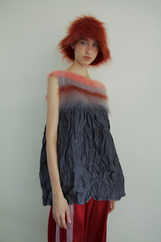 Blur Brushed Mohair Pinafore Raw Thai Silk Babydoll Top (asphalt)