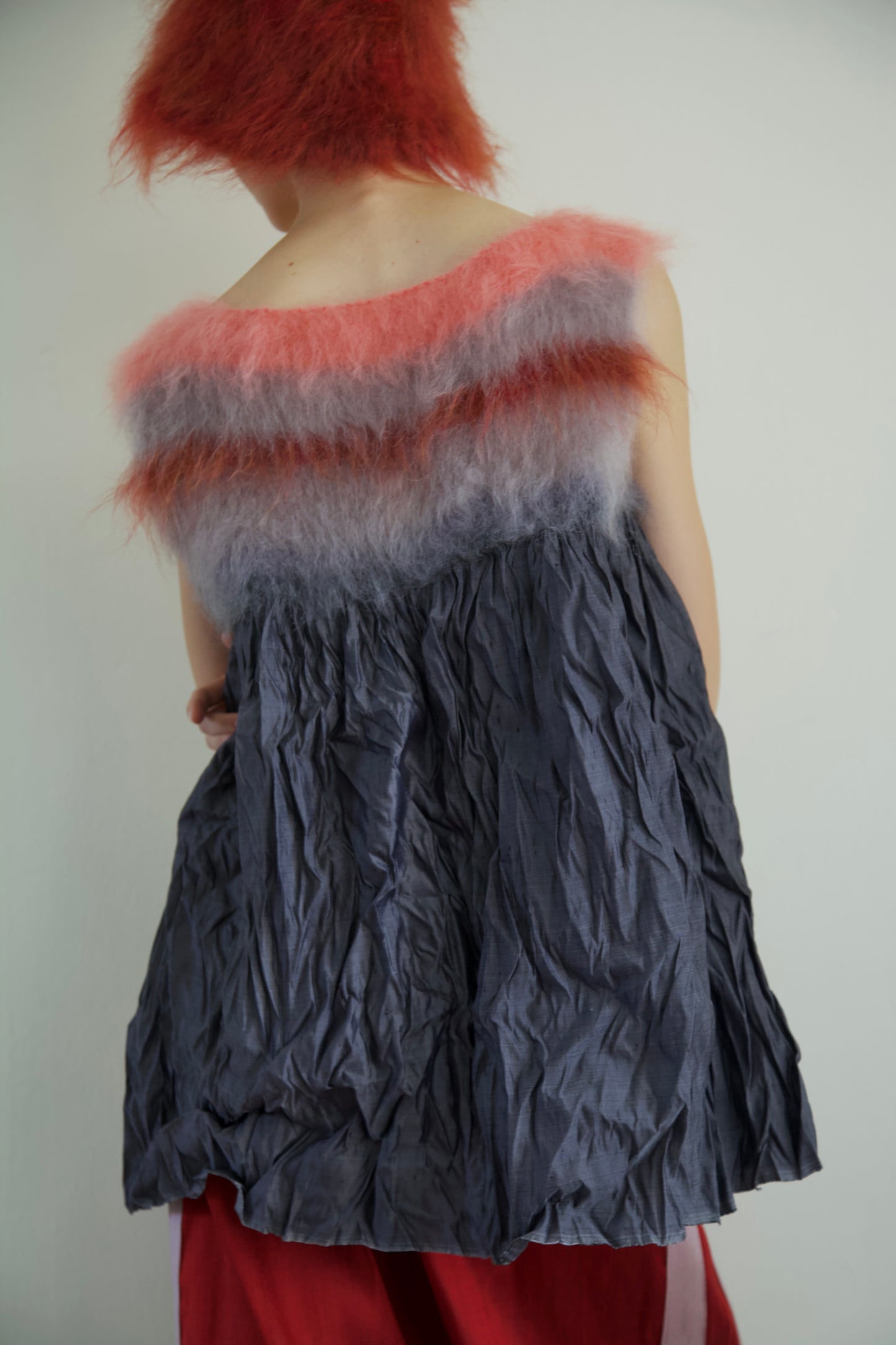 Blur Brushed Mohair Pinafore Raw Thai Silk Babydoll Top (asphalt)