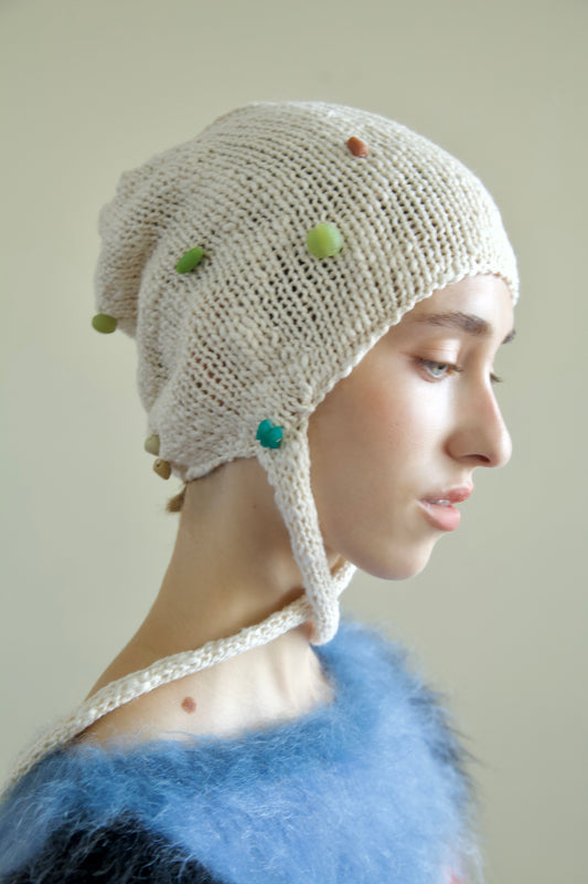 Debris 'I Spy' Organic Cotton Glass Beaded Knit Bonnet