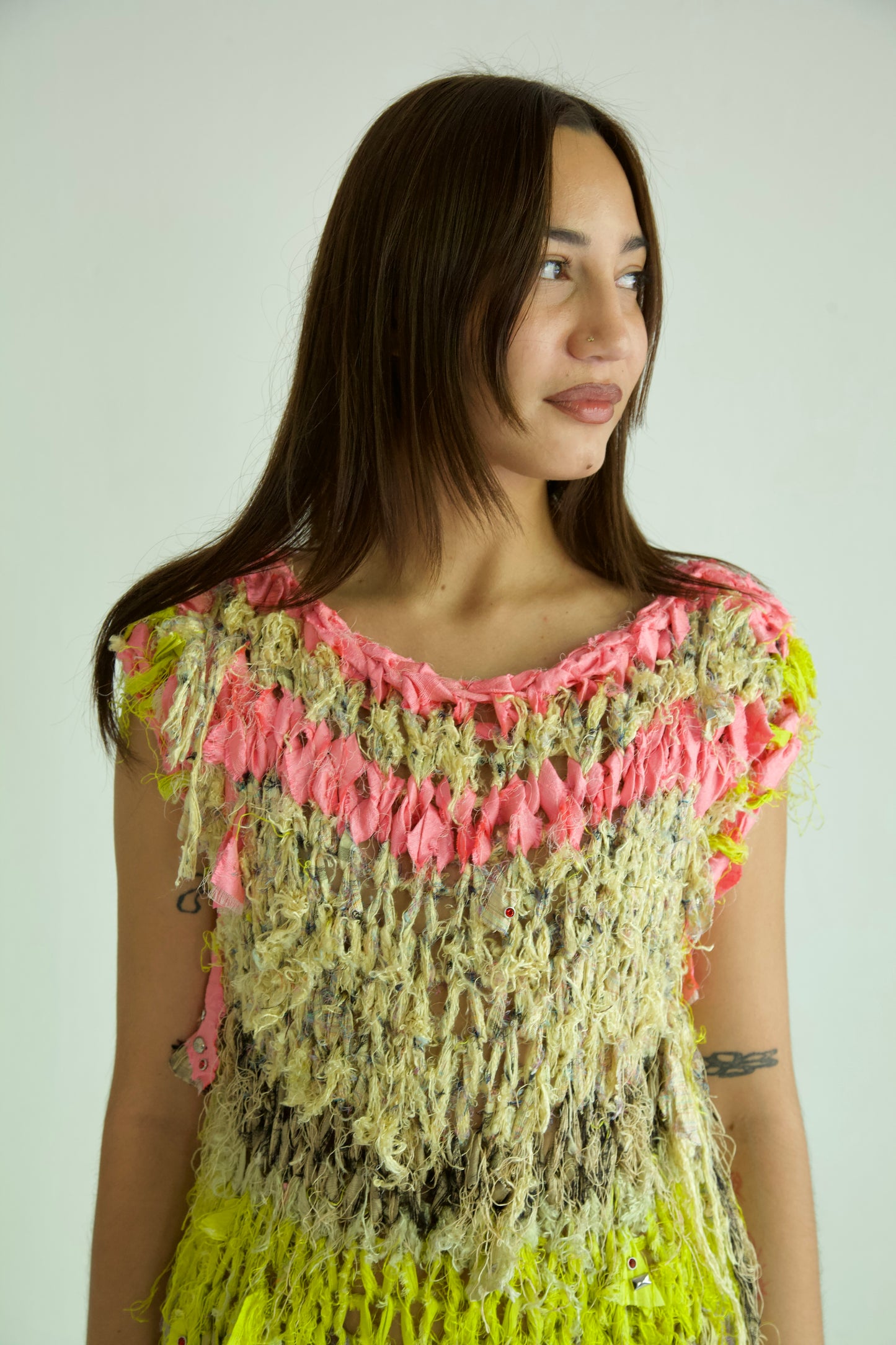 Shredded Ribbons Thai Silk One-of-a-kind Hand Knit Studded Column Dress
