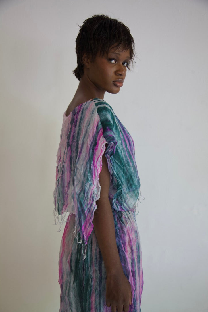 Pieced Thai Silk Three Scarf Crumpled Tunic Sash Dress (astral)