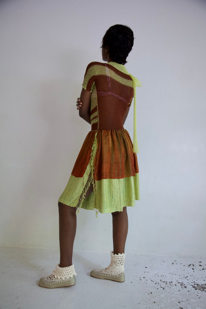 Debris Knit Thai Cotton and Light Mohair Thai Silk Hand-Woven Scarf Split Tunic Dress (neon/soil)