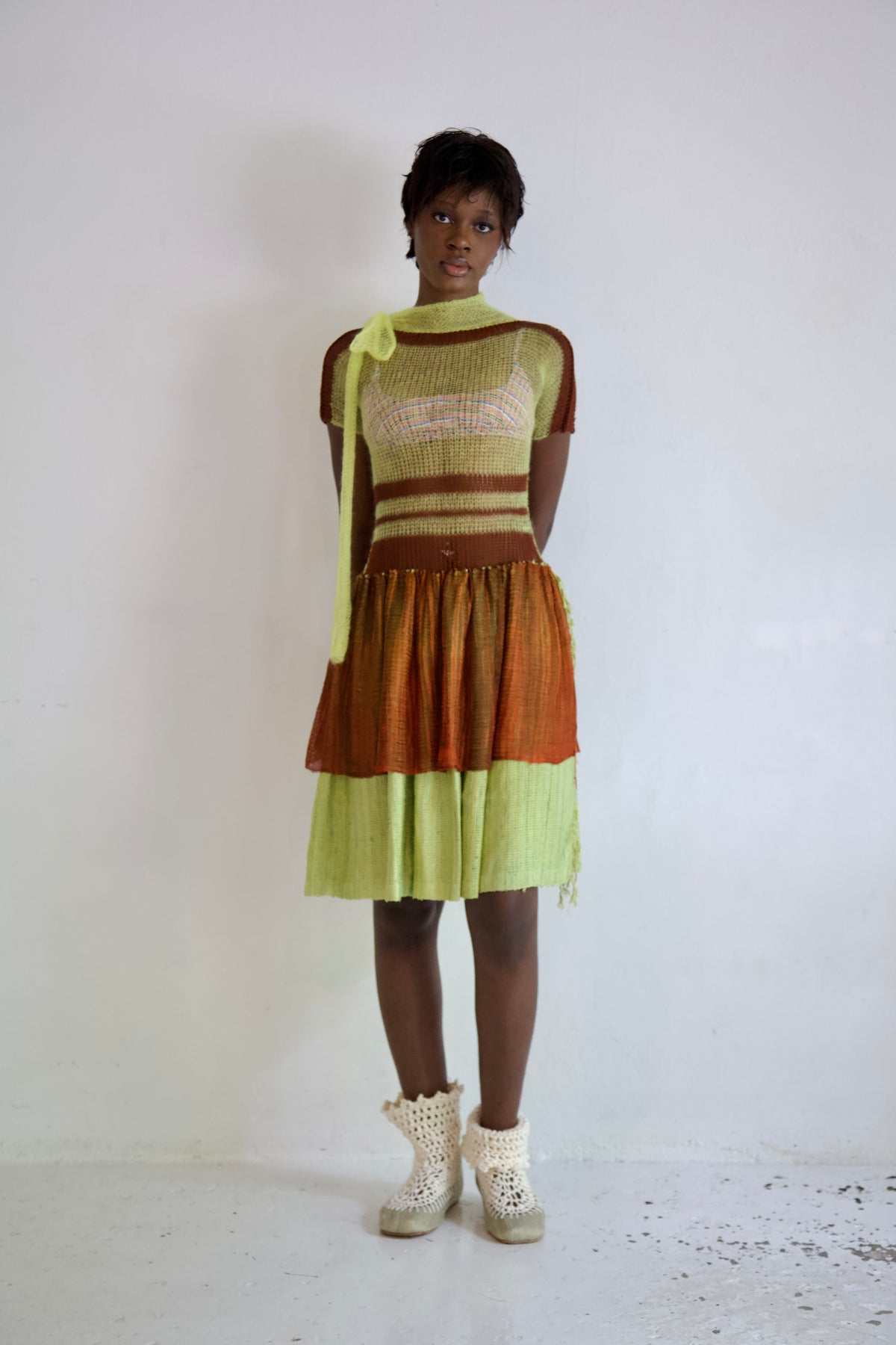 Debris Knit Thai Cotton and Light Mohair Thai Silk Hand-Woven Scarf Split Tunic Dress (neon/soil)