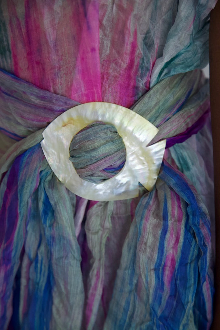 Pieced Thai Silk Three Scarf Crumpled Tunic Sash Dress (astral)
