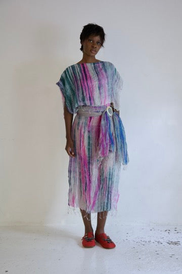 Pieced Thai Silk Three Scarf Crumpled Tunic Sash Dress (astral)