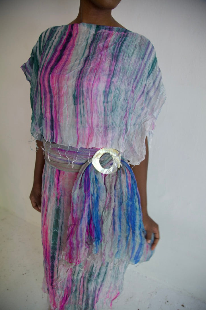 Pieced Thai Silk Three Scarf Crumpled Tunic Sash Dress (astral)