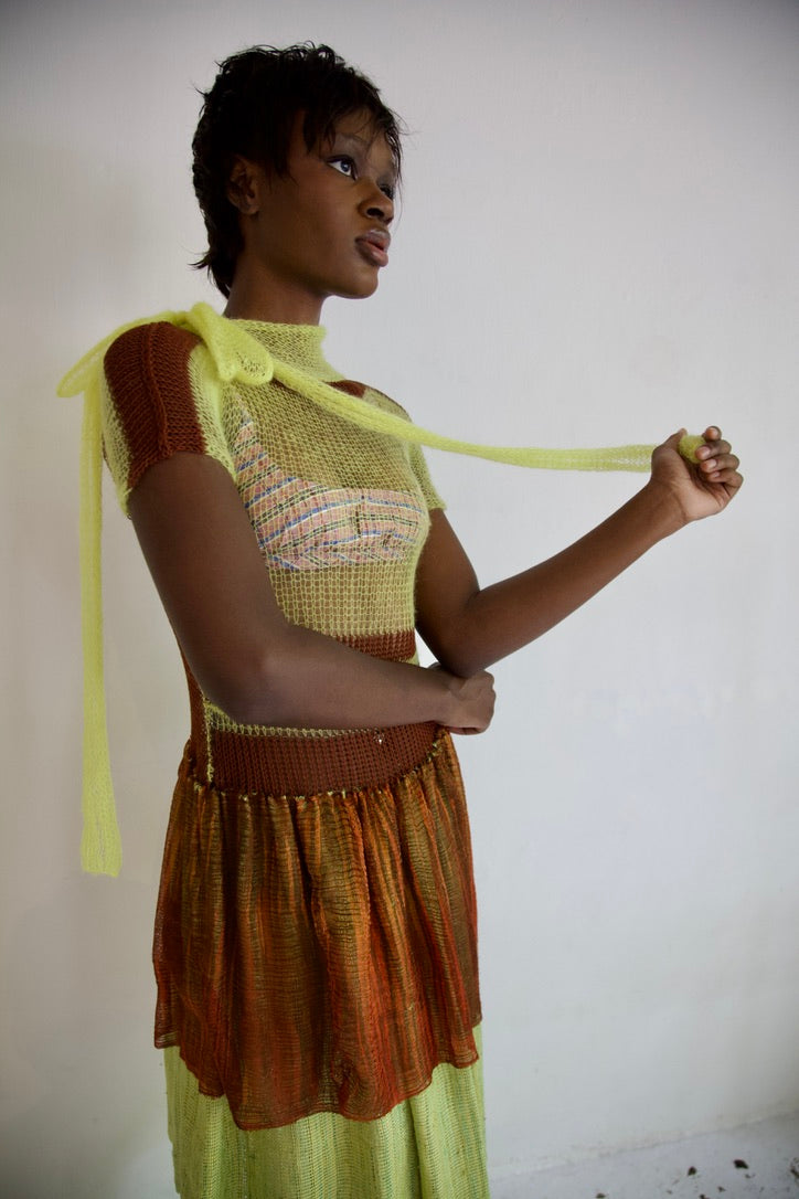 Debris Knit Thai Cotton and Light Mohair Thai Silk Hand-Woven Scarf Split Tunic Dress (neon/soil)