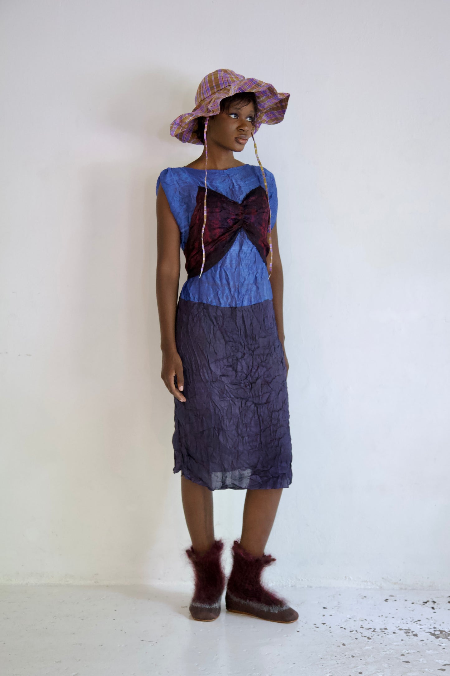 Pieced Hand-Woven Thai Silk Five Scarf Crumpled Tunic Tie Dress (twilight)