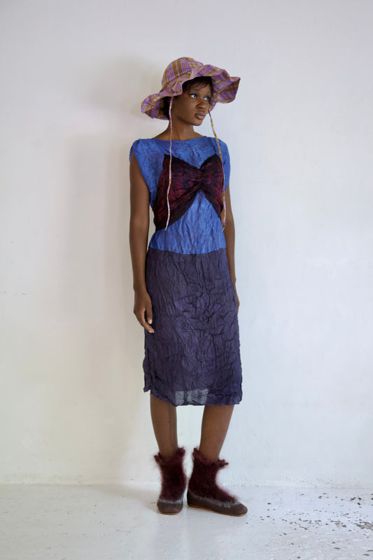 Pieced Hand-Woven Thai Silk Five Scarf Crumpled Tunic Tie Dress (twilight)