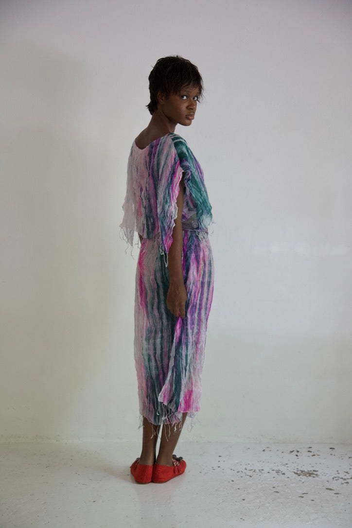 Pieced Thai Silk Three Scarf Crumpled Tunic Sash Dress (astral)