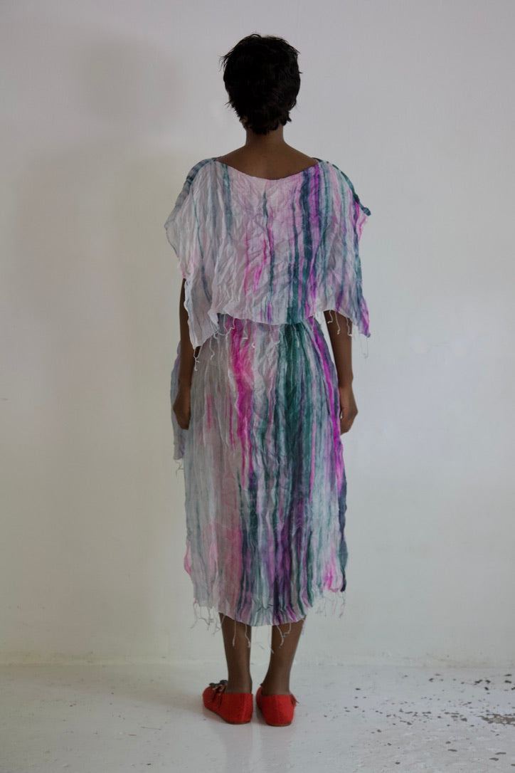 Pieced Thai Silk Three Scarf Crumpled Tunic Sash Dress (astral)