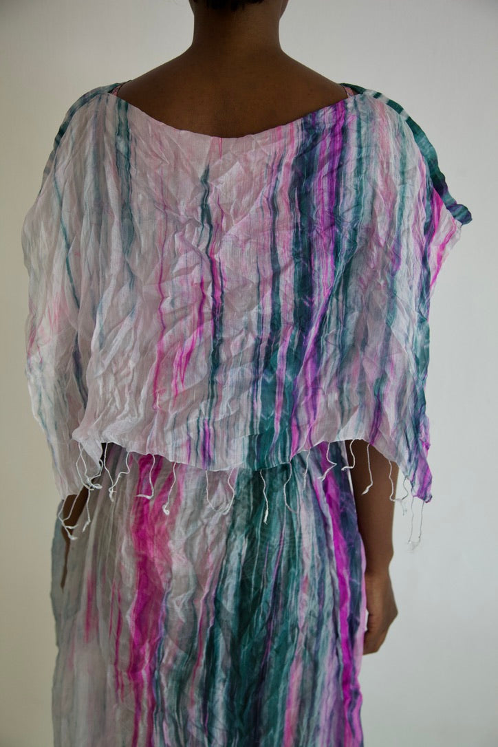 Pieced Thai Silk Three Scarf Crumpled Tunic Sash Dress (astral)