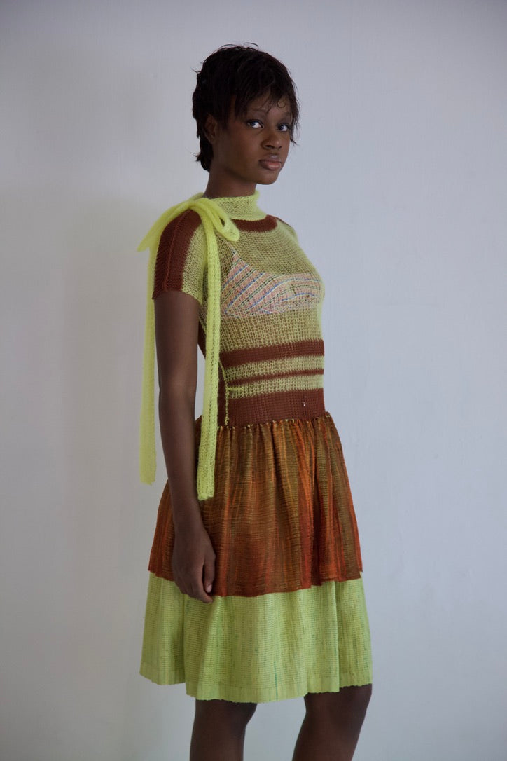 Debris Knit Thai Cotton and Light Mohair Thai Silk Hand-Woven Scarf Split Tunic Dress (neon/soil)