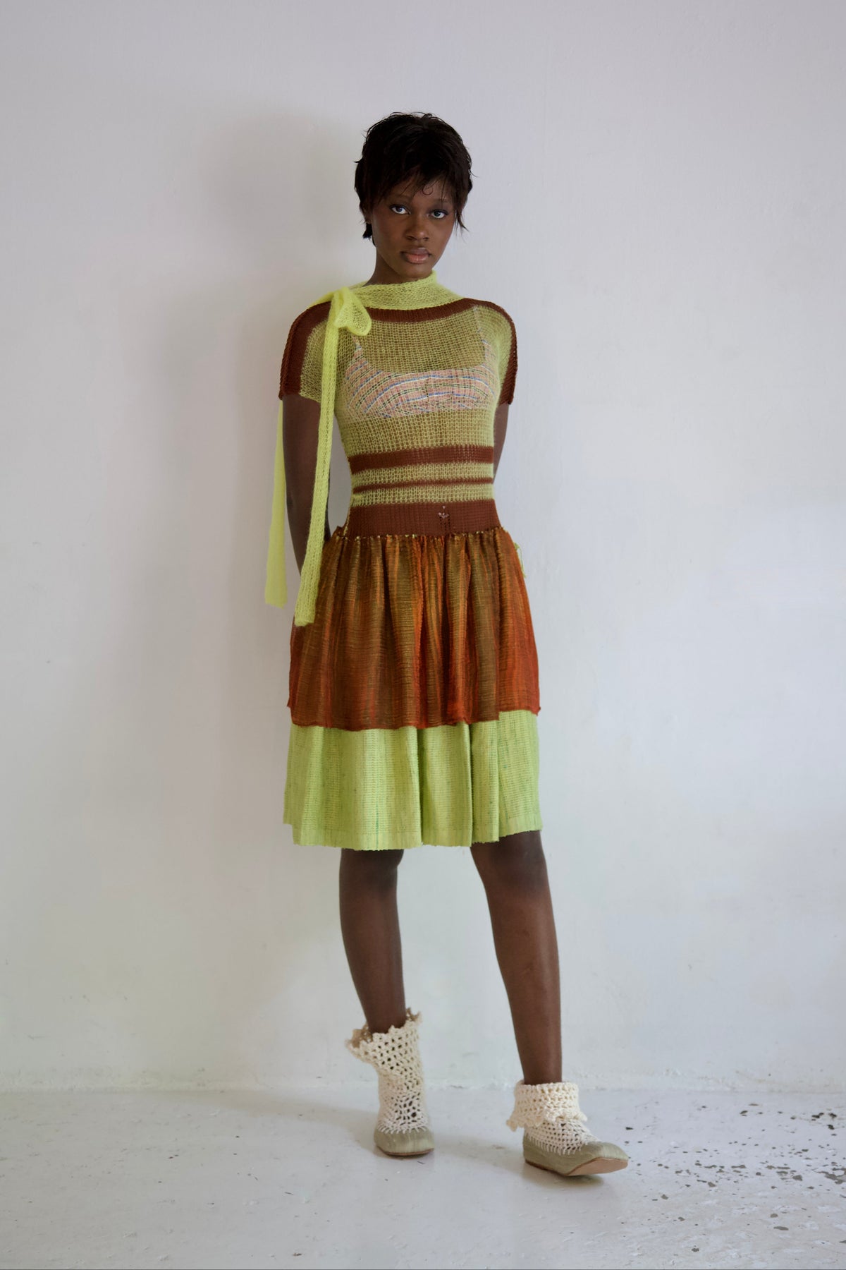 Debris Knit Thai Cotton and Light Mohair Thai Silk Hand-Woven Scarf Split Tunic Dress (neon/soil)