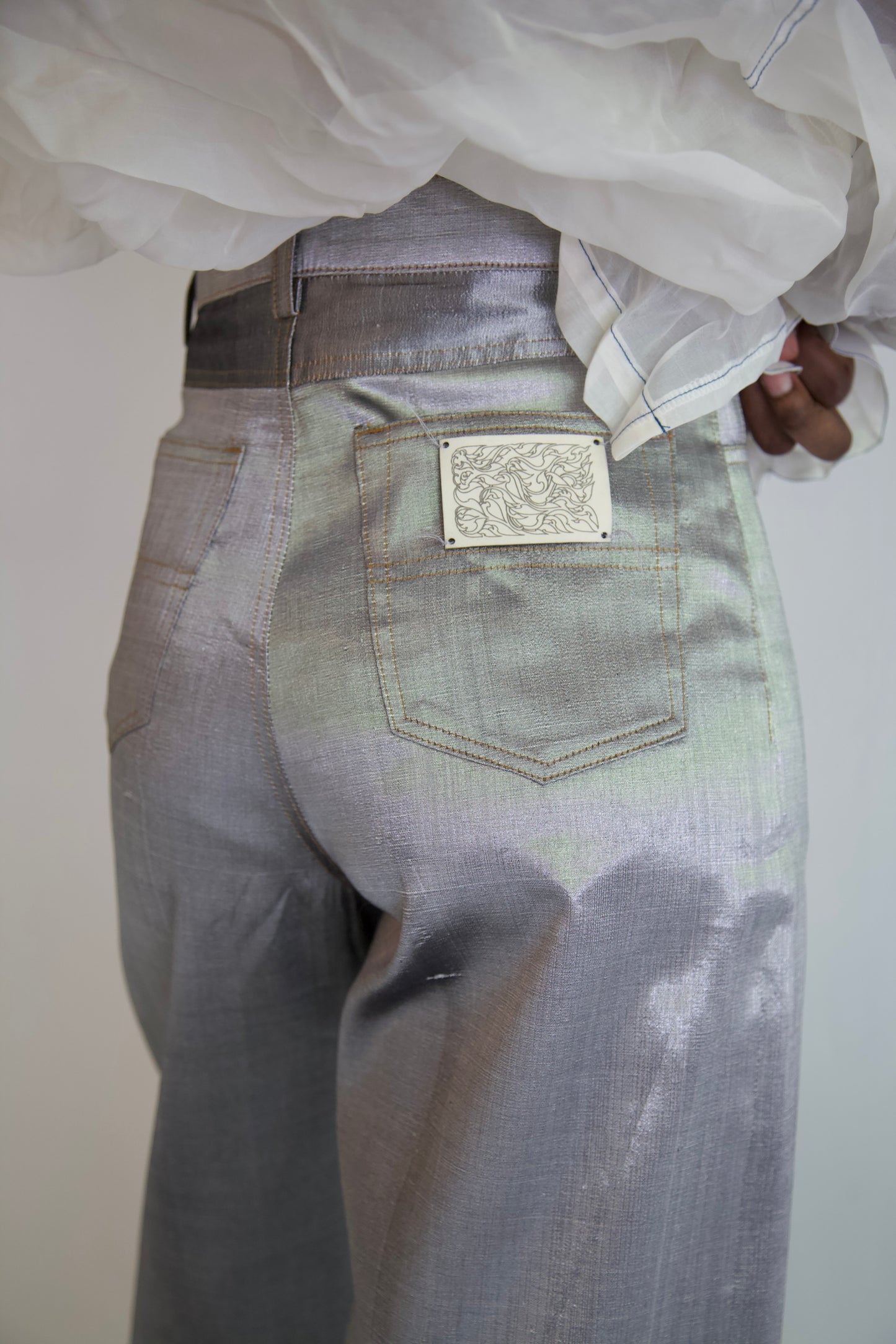 Handwoven Raw Thai Silk 'Siamese Denim' Jeans (metal)