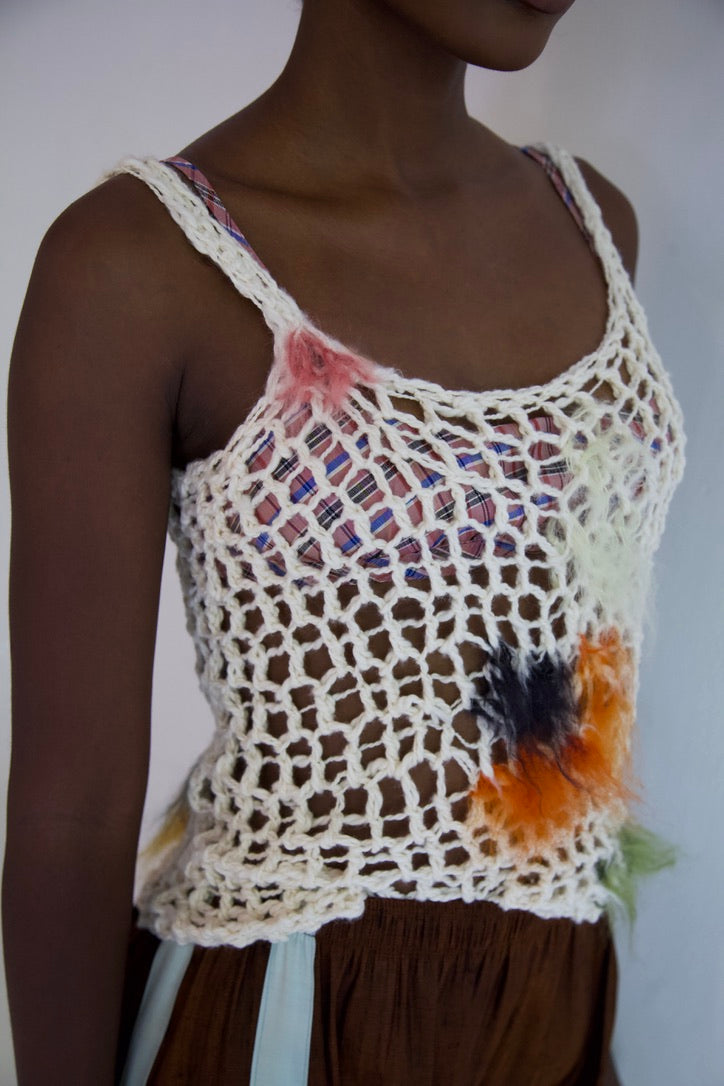 NR Blur Brushed One-of-a-kind Crocheted Mohair Spots Organic Cotton Net Tank