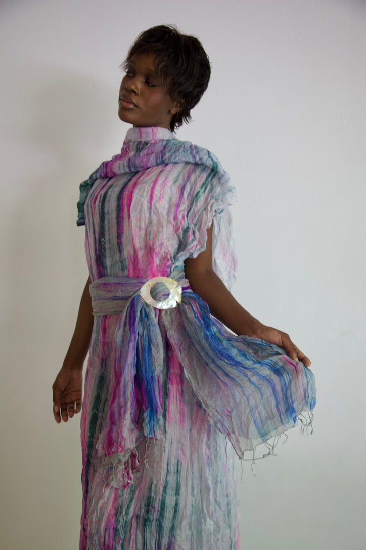Pieced Thai Silk Three Scarf Crumpled Tunic Sash Dress (astral)