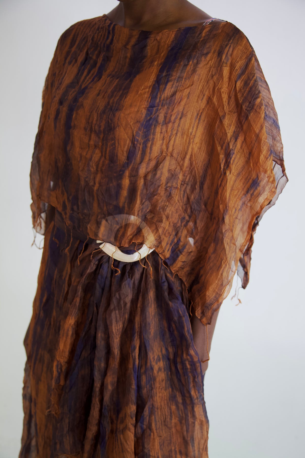 Pieced Thai Silk Three Scarf Crumpled Tunic Sash Dress (wooden)