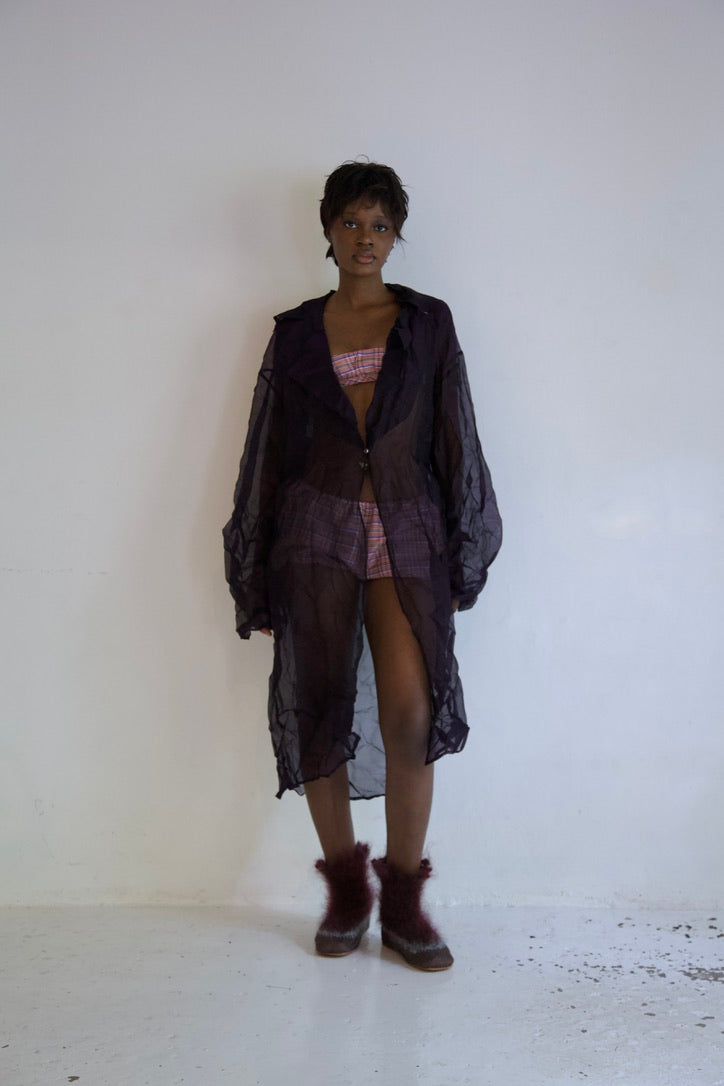 Crumpled Thai Silk Unisex Large Lapel Snap Coat (plum glass)