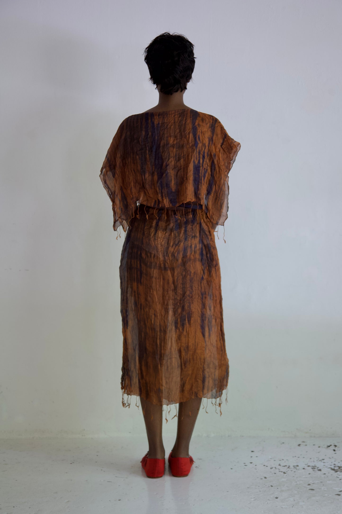 Pieced Thai Silk Three Scarf Crumpled Tunic Sash Dress (wooden)