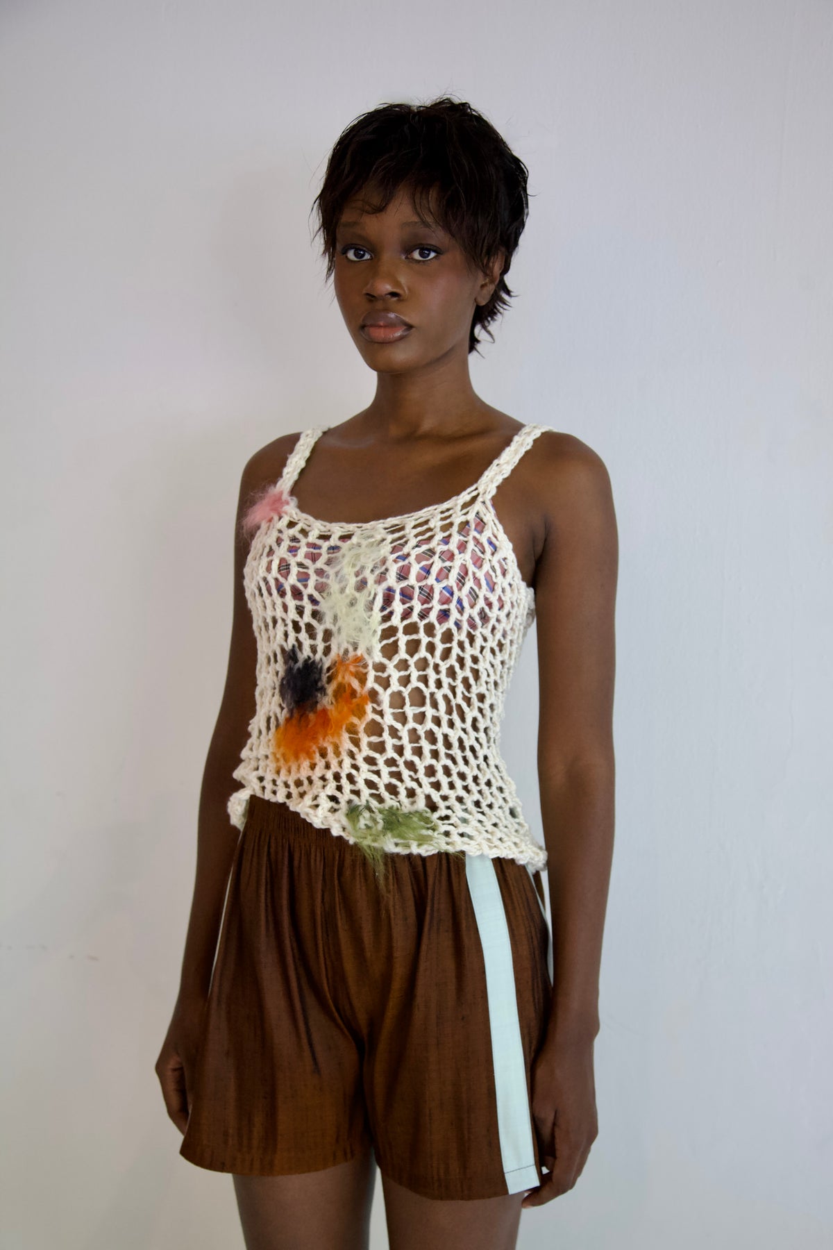 NR Blur Brushed One-of-a-kind Crocheted Mohair Spots Organic Cotton Net Tank
