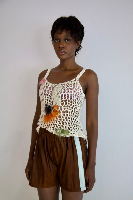NR Blur Brushed One-of-a-kind Crocheted Mohair Spots Organic Cotton Net Tank