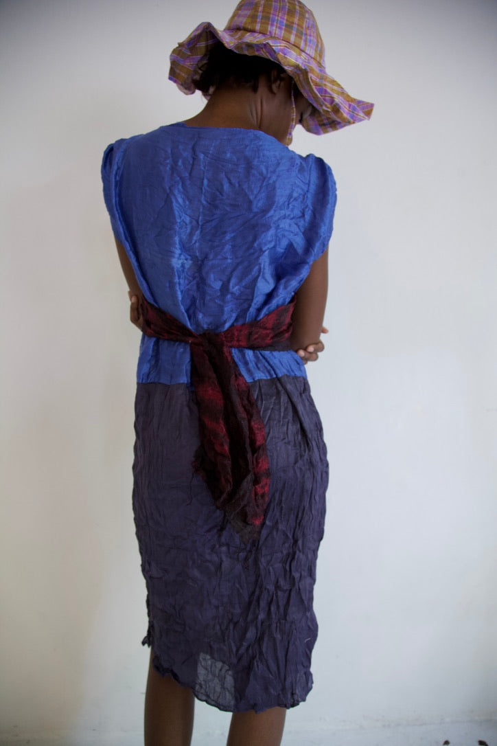 Pieced Hand-Woven Thai Silk Five Scarf Crumpled Tunic Tie Dress (twilight)