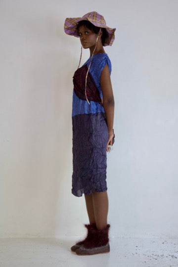Pieced Hand-Woven Thai Silk Five Scarf Crumpled Tunic Tie Dress (twilight)