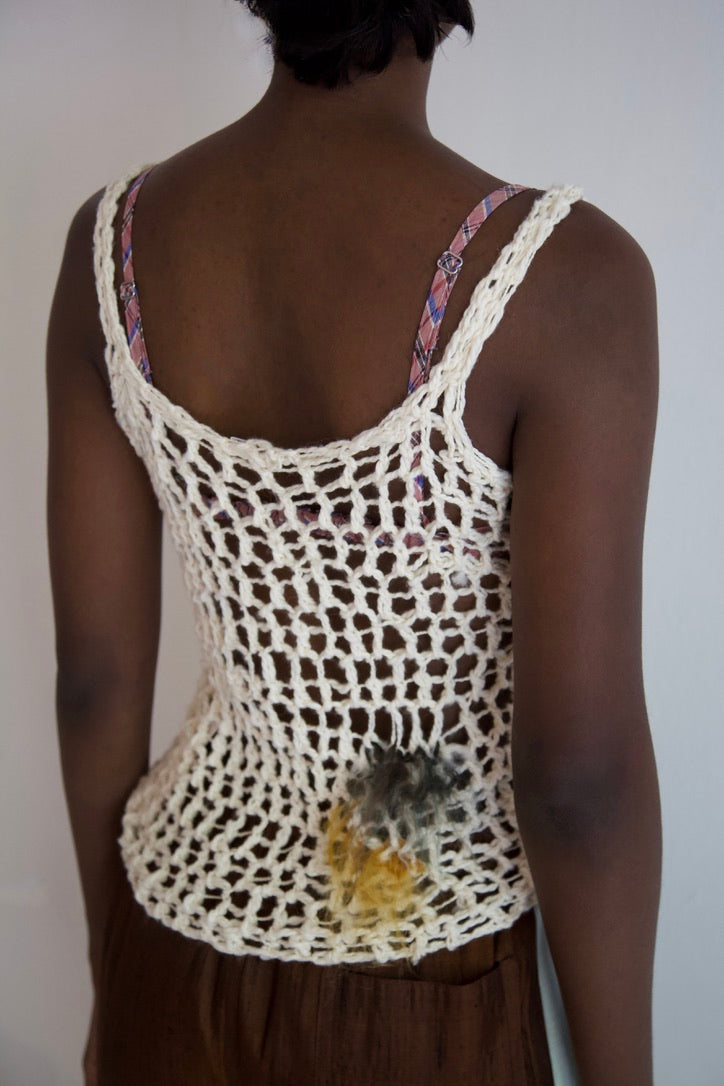 NR Blur Brushed One-of-a-kind Crocheted Mohair Spots Organic Cotton Net Tank