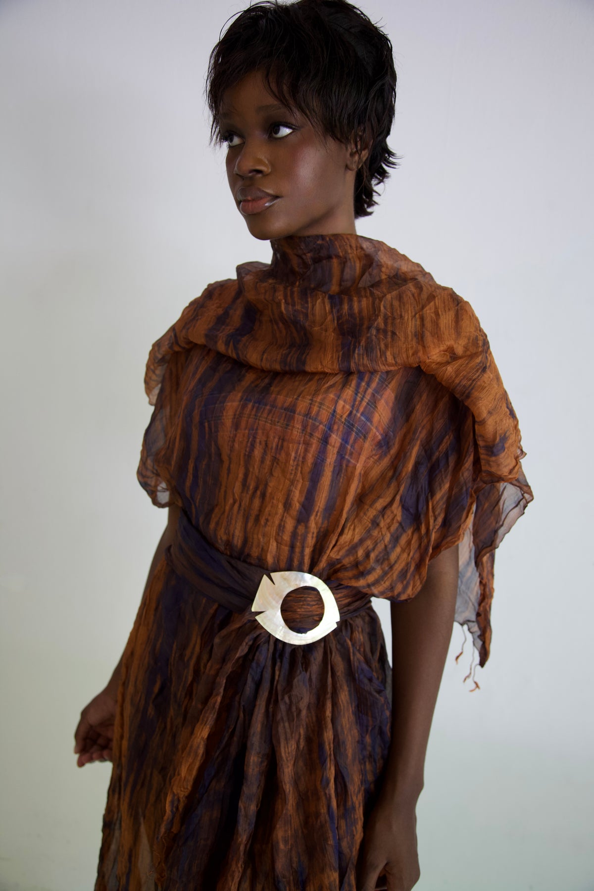 Pieced Thai Silk Three Scarf Crumpled Tunic Sash Dress (wooden)