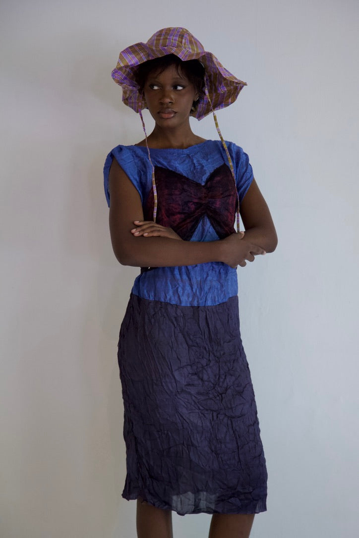 Pieced Hand-Woven Thai Silk Five Scarf Crumpled Tunic Tie Dress (twilight)