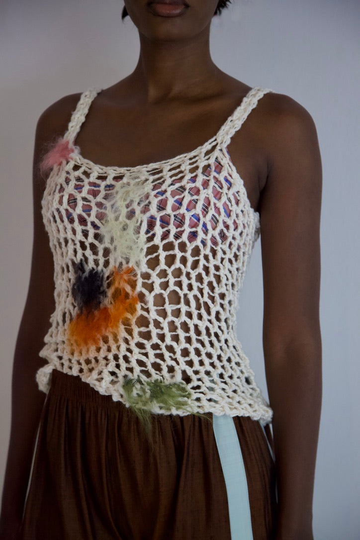 NR Blur Brushed One-of-a-kind Crocheted Mohair Spots Organic Cotton Net Tank