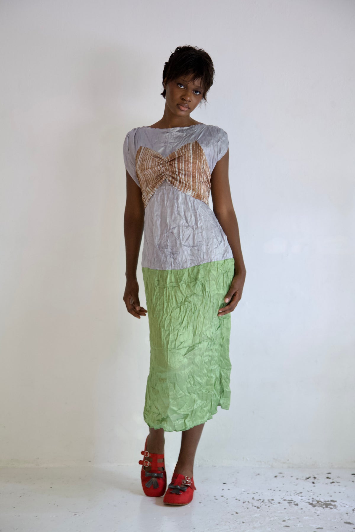 Pieced Hand-Woven Thai Silk Five Scarf Crumpled Tunic Tie Dress (garden view)