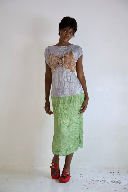 Pieced Hand-Woven Thai Silk Five Scarf Crumpled Tunic Tie Dress (garden view)