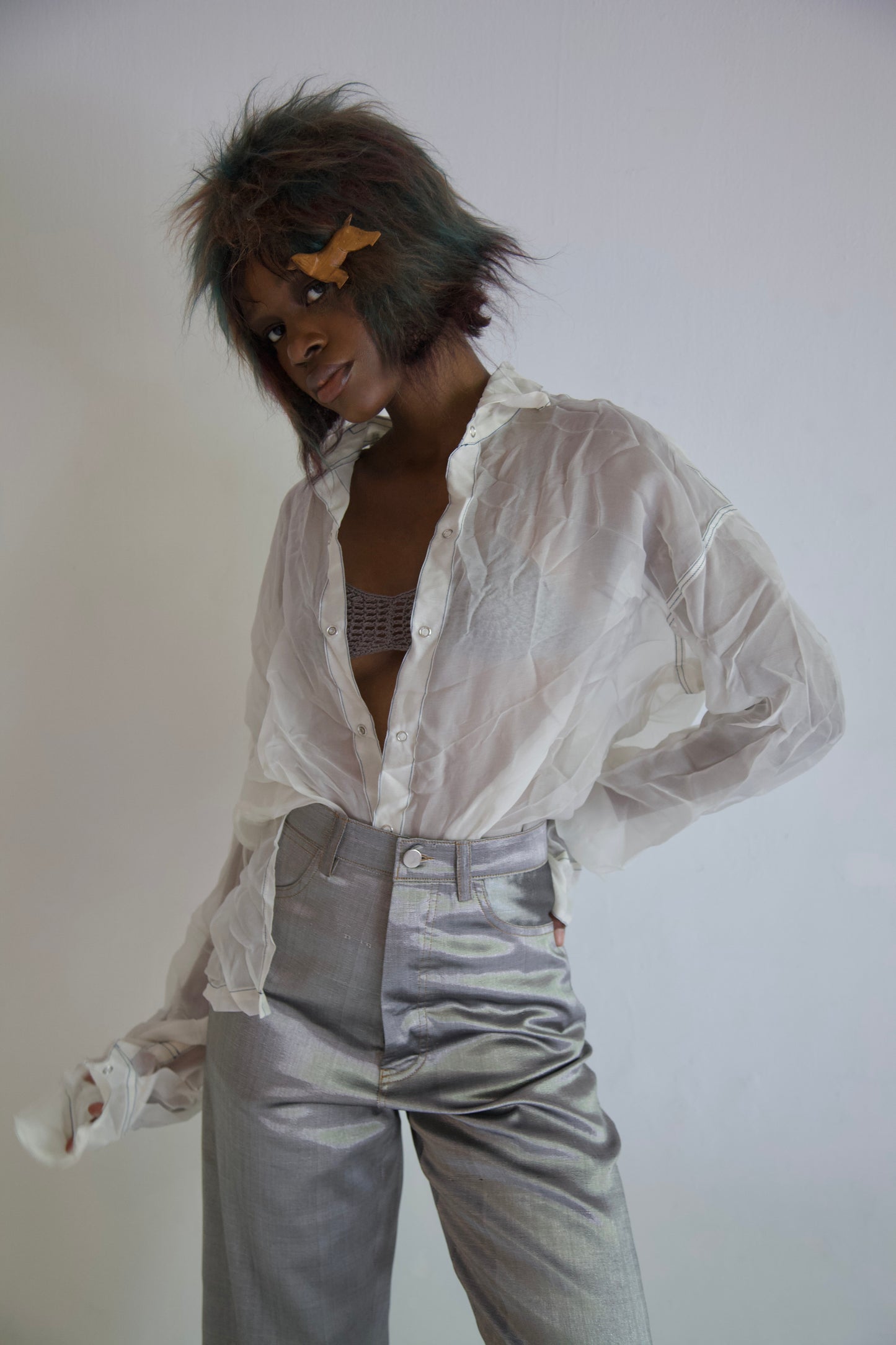 Handwoven Raw Thai Silk 'Siamese Denim' Jeans (metal)