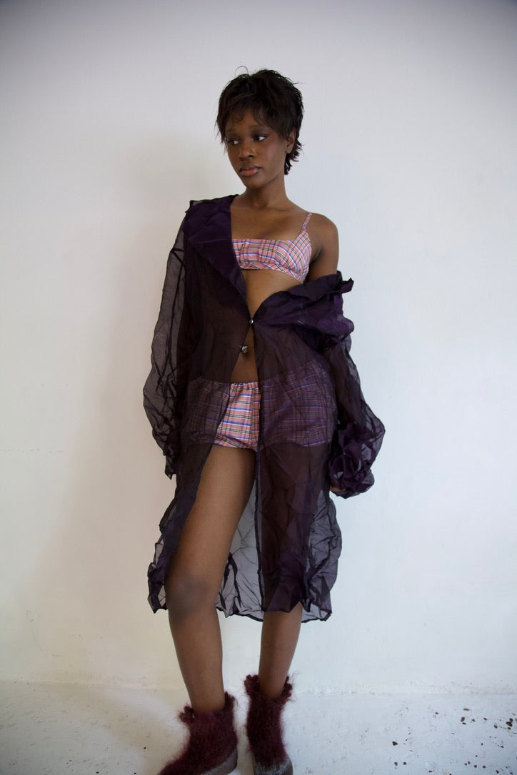 Crumpled Thai Silk Unisex Large Lapel Snap Coat (plum glass)