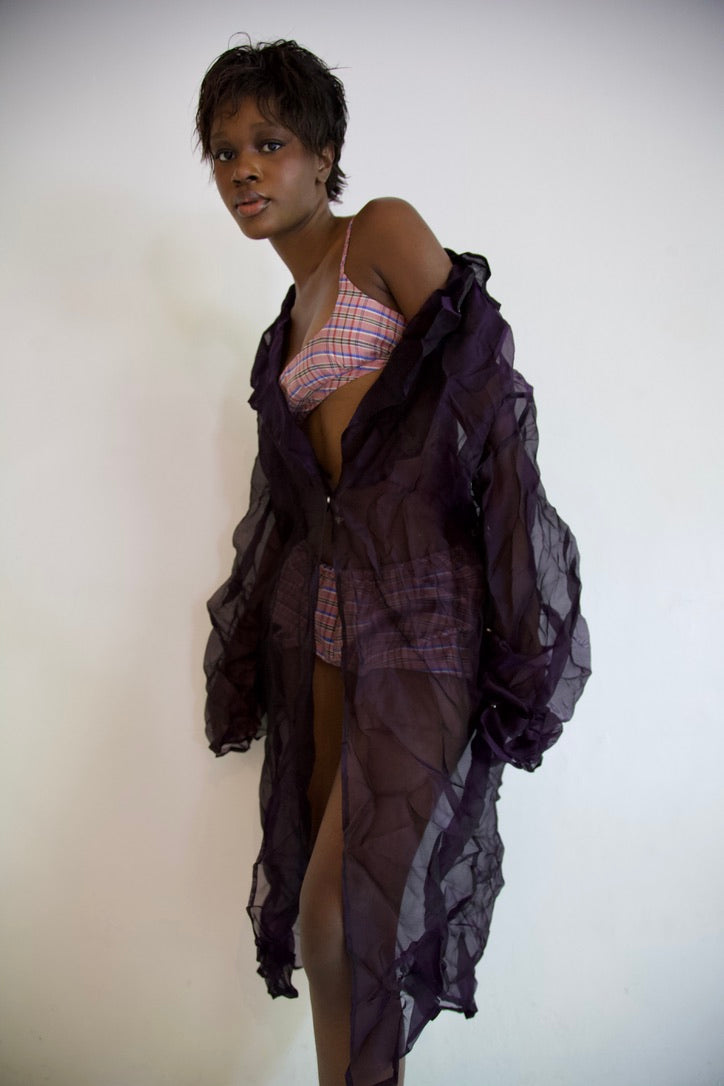 Crumpled Thai Silk Unisex Large Lapel Snap Coat (plum glass)