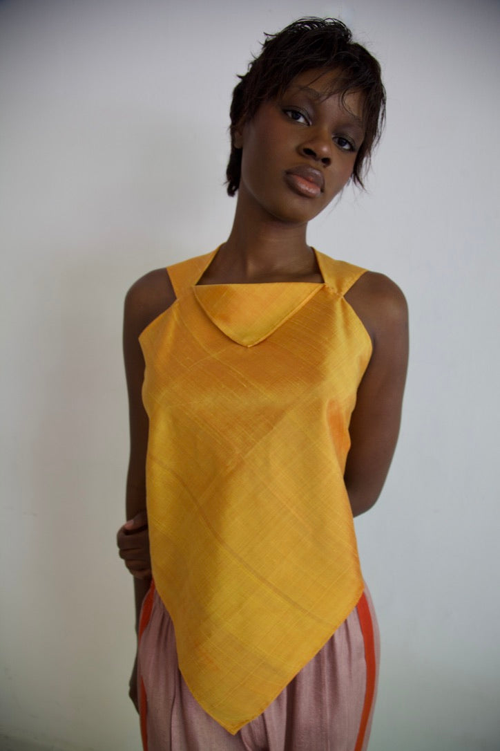 Handwoven Raw Thai Silk Hankie Halter Top (marigold)