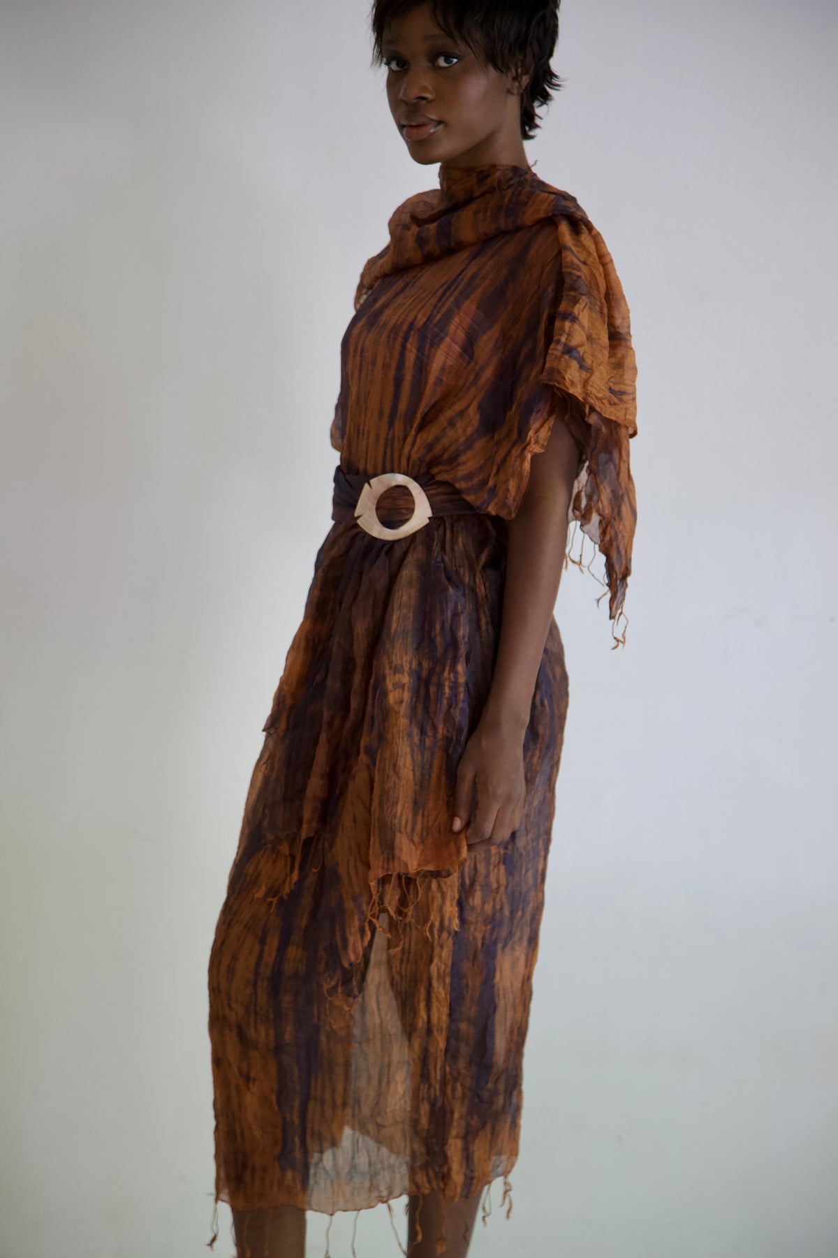 Pieced Thai Silk Three Scarf Crumpled Tunic Sash Dress (wooden)