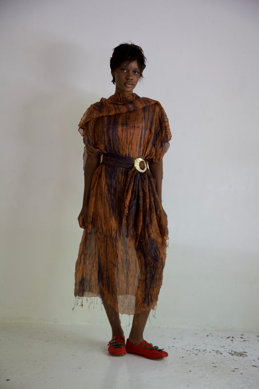 Pieced Thai Silk Three Scarf Crumpled Tunic Sash Dress (wooden)