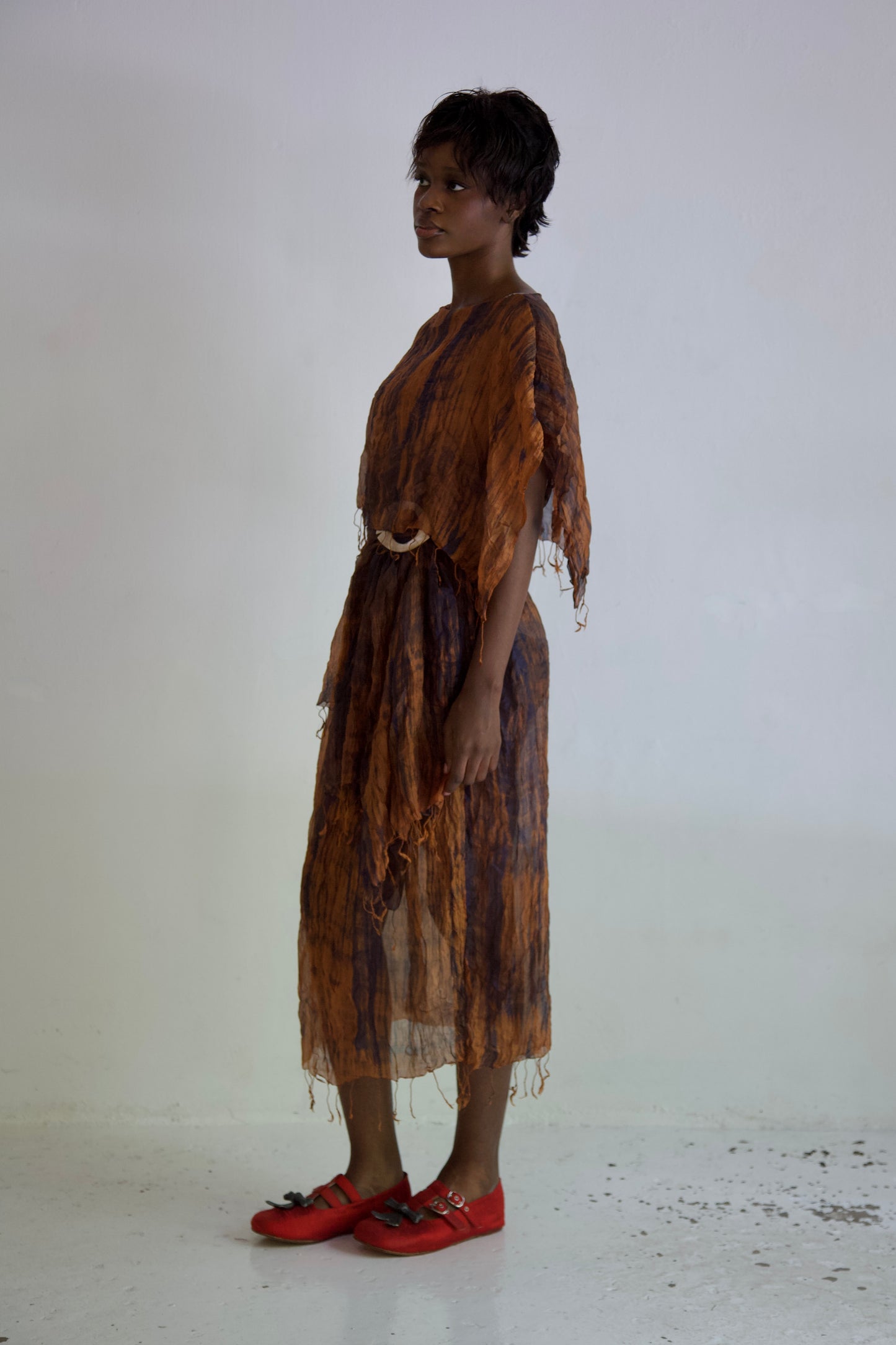 Pieced Thai Silk Three Scarf Crumpled Tunic Sash Dress (wooden)