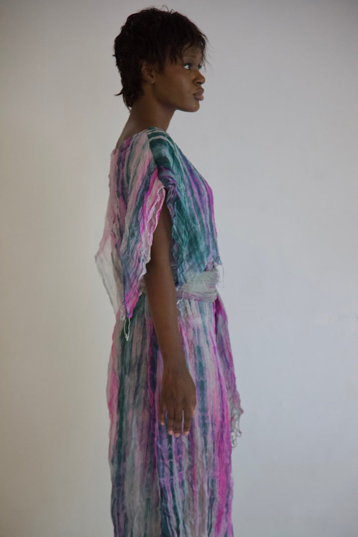 Pieced Thai Silk Three Scarf Crumpled Tunic Sash Dress (astral)