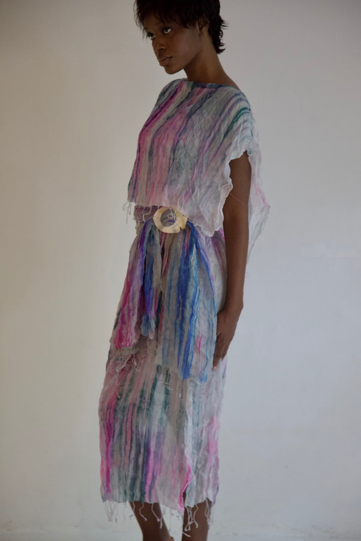 Pieced Thai Silk Three Scarf Crumpled Tunic Sash Dress (astral)