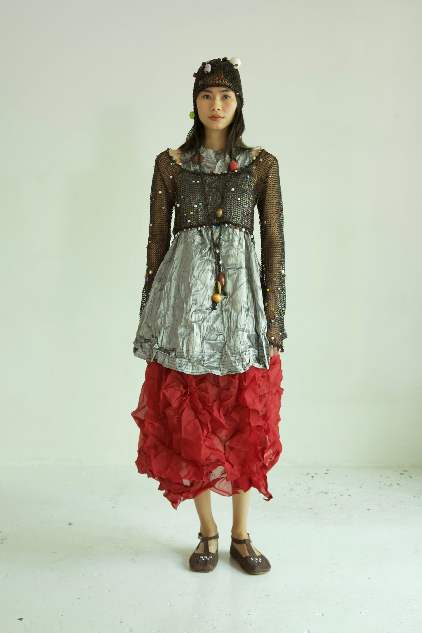 Debris Leather Scattered Glass Bead & Peal Fiber Art Knit Jumper