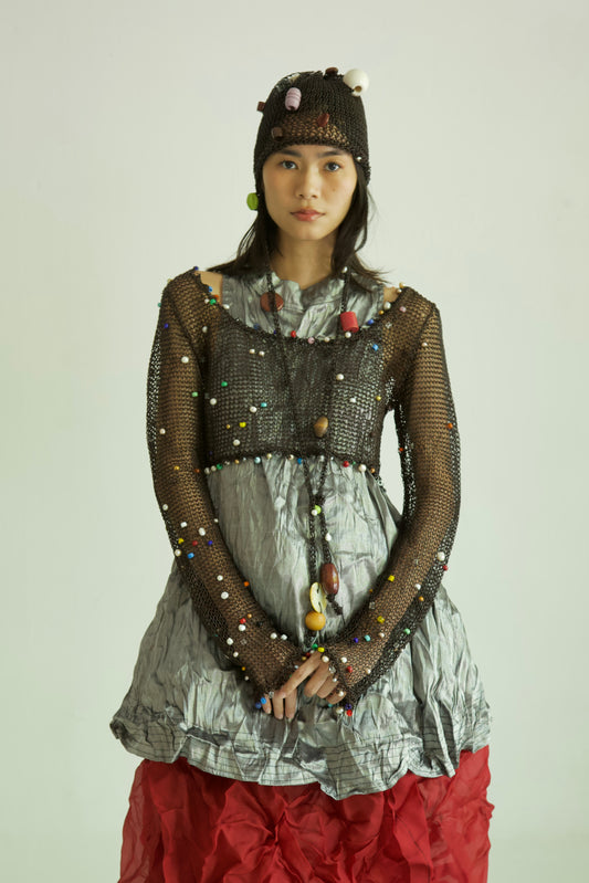 Debris Leather Scattered Glass Bead & Peal Fiber Art Knit Jumper