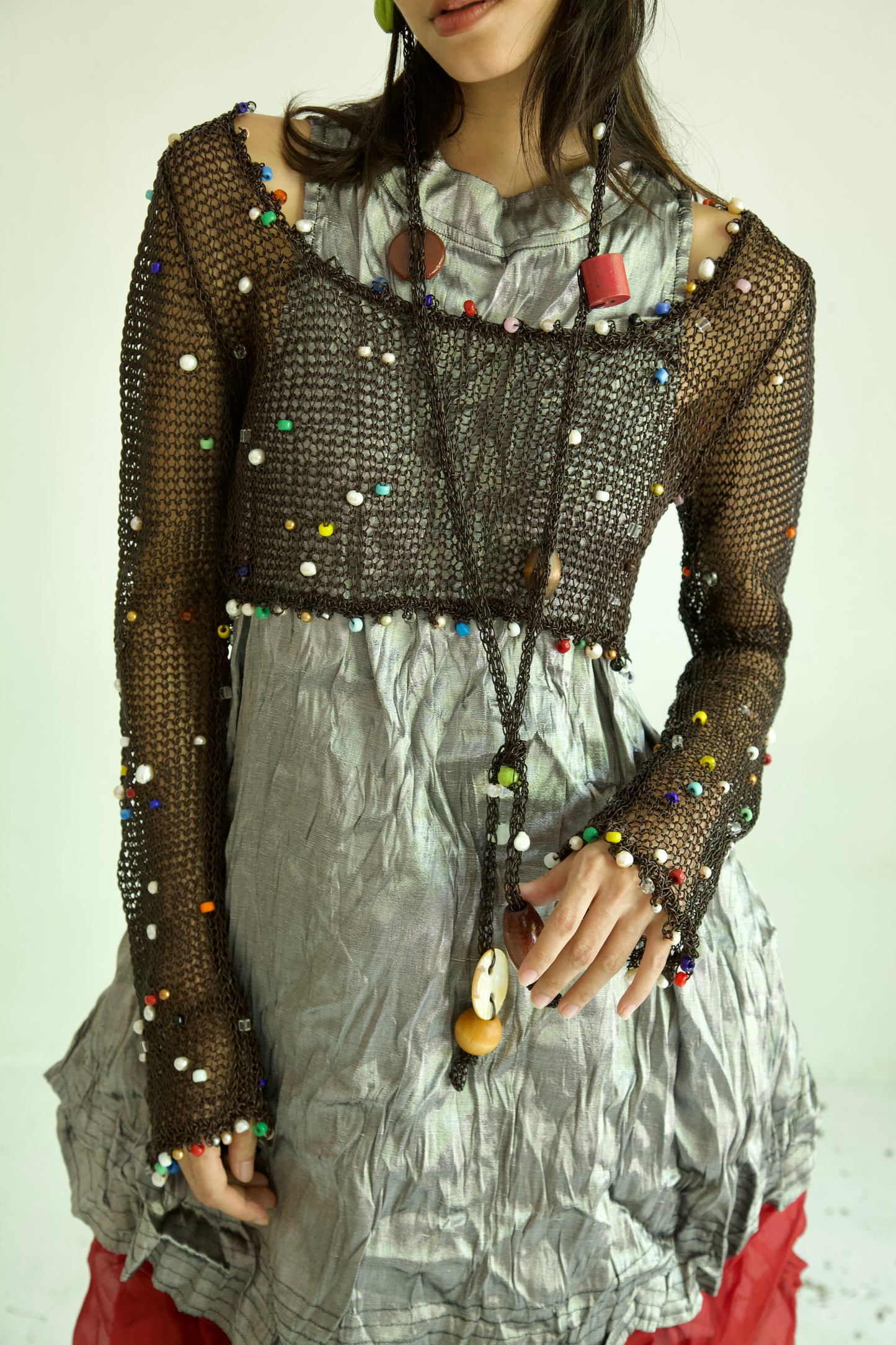 Debris Leather Scattered Glass Bead & Peal Fiber Art Knit Jumper