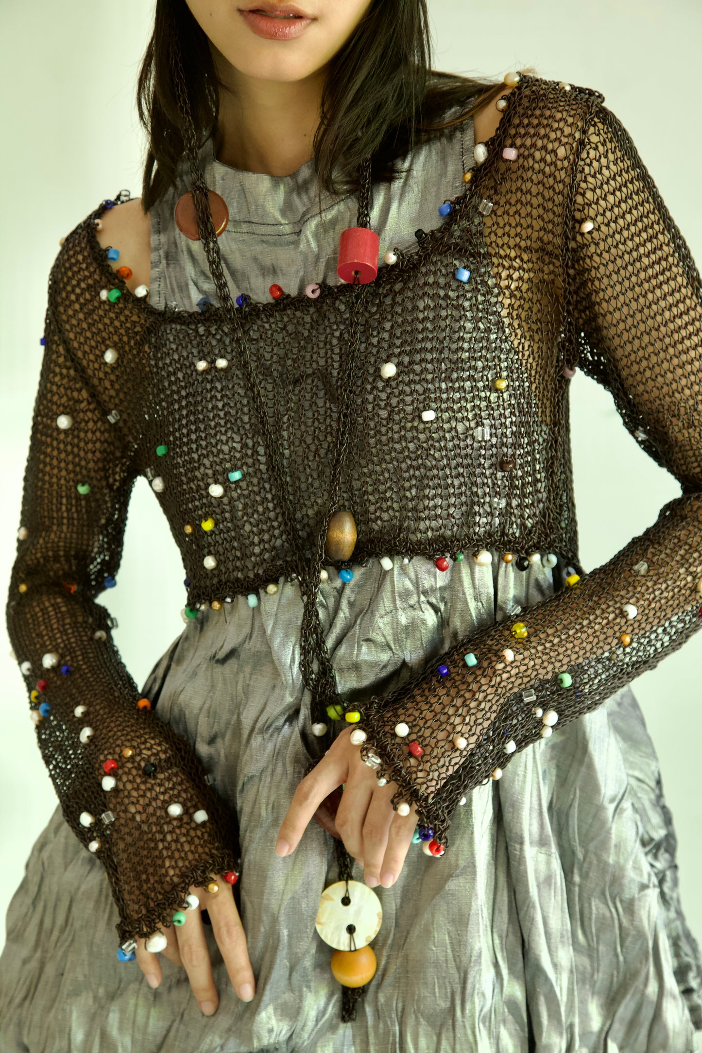 Debris Leather Scattered Glass Bead & Peal Fiber Art Knit Jumper