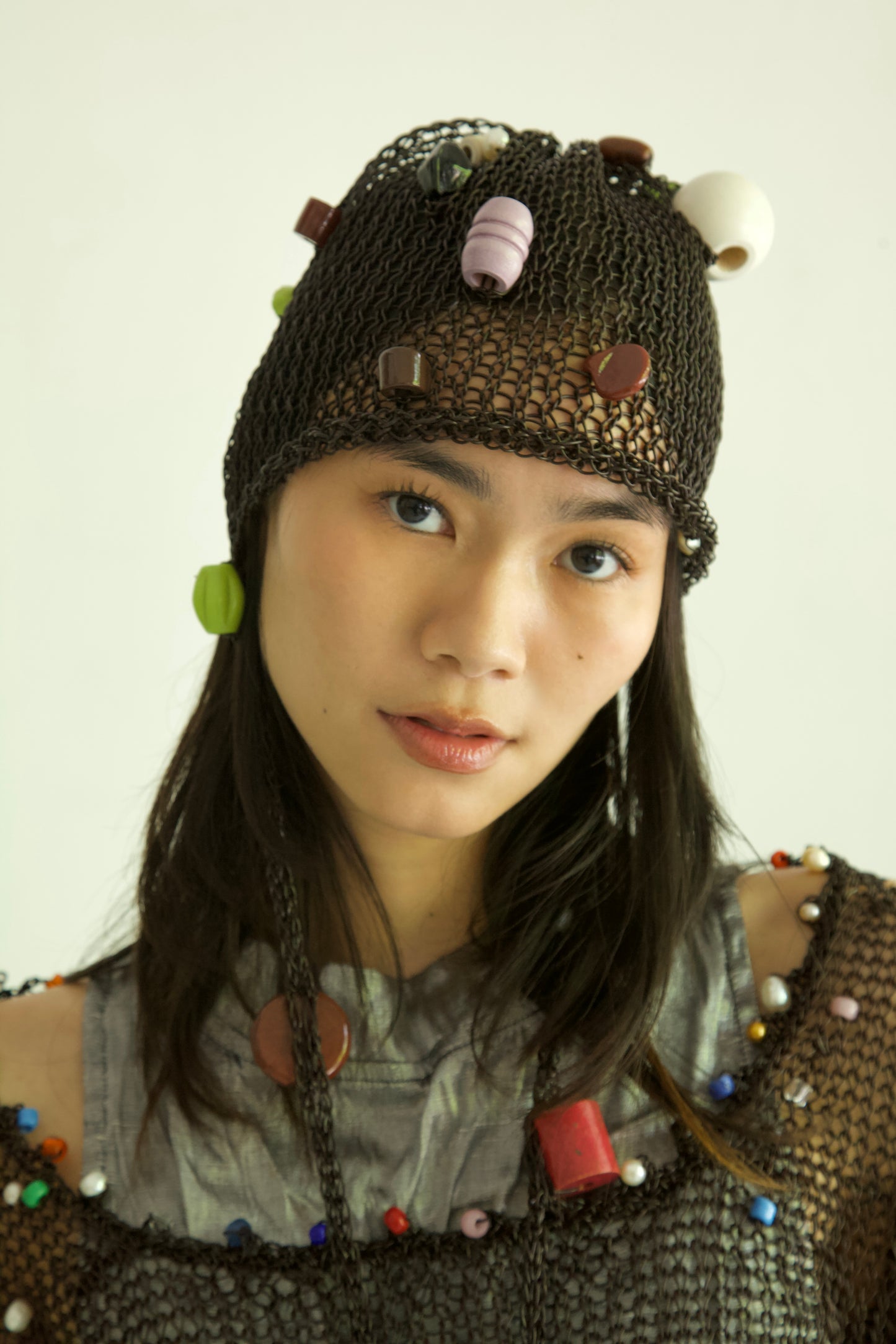 Debris Leather Scattered Beads & Things Fiber Art Knit Bonnet Cap